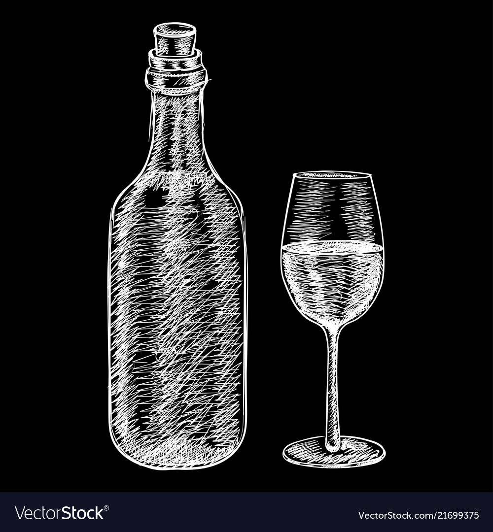 Weinflasche und ein Glas handgezeichneter Skizze