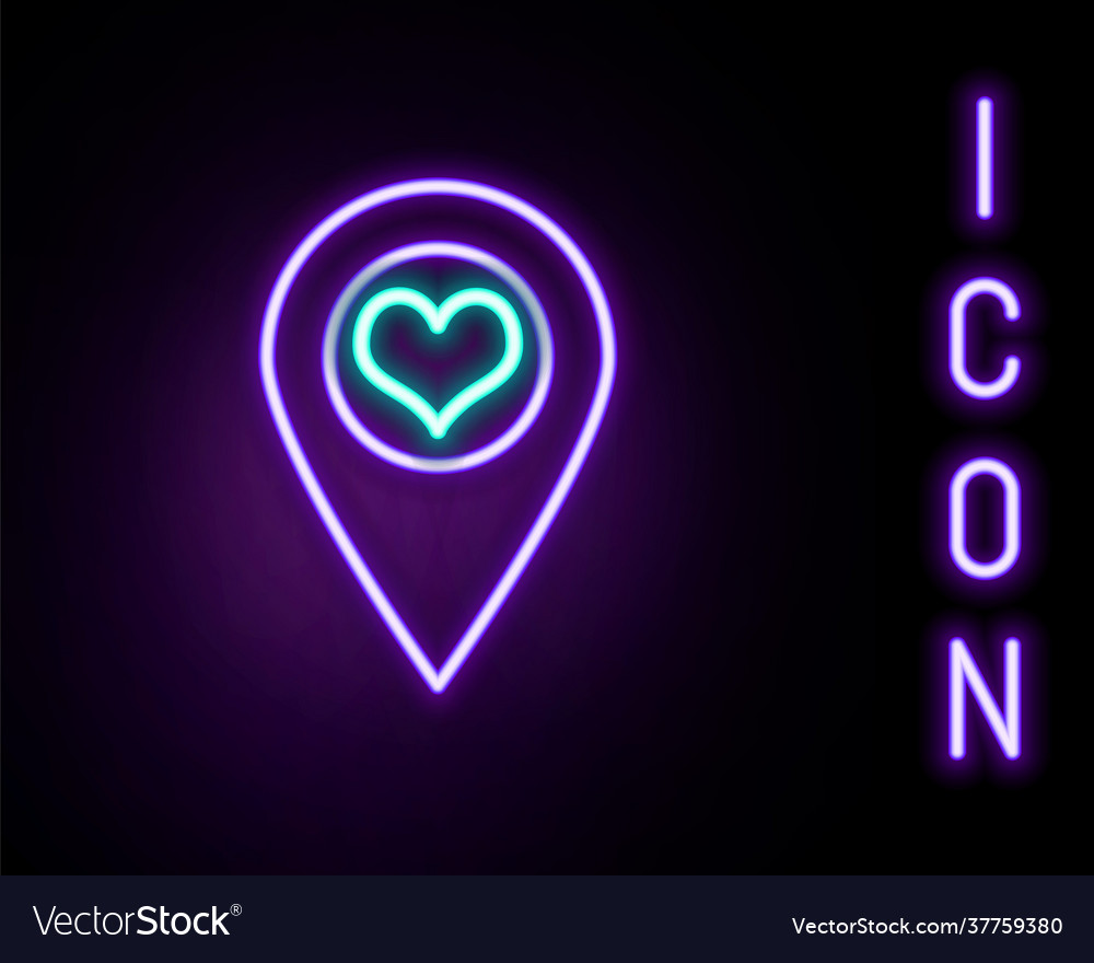 Glowing neon line map pointer with heart icon