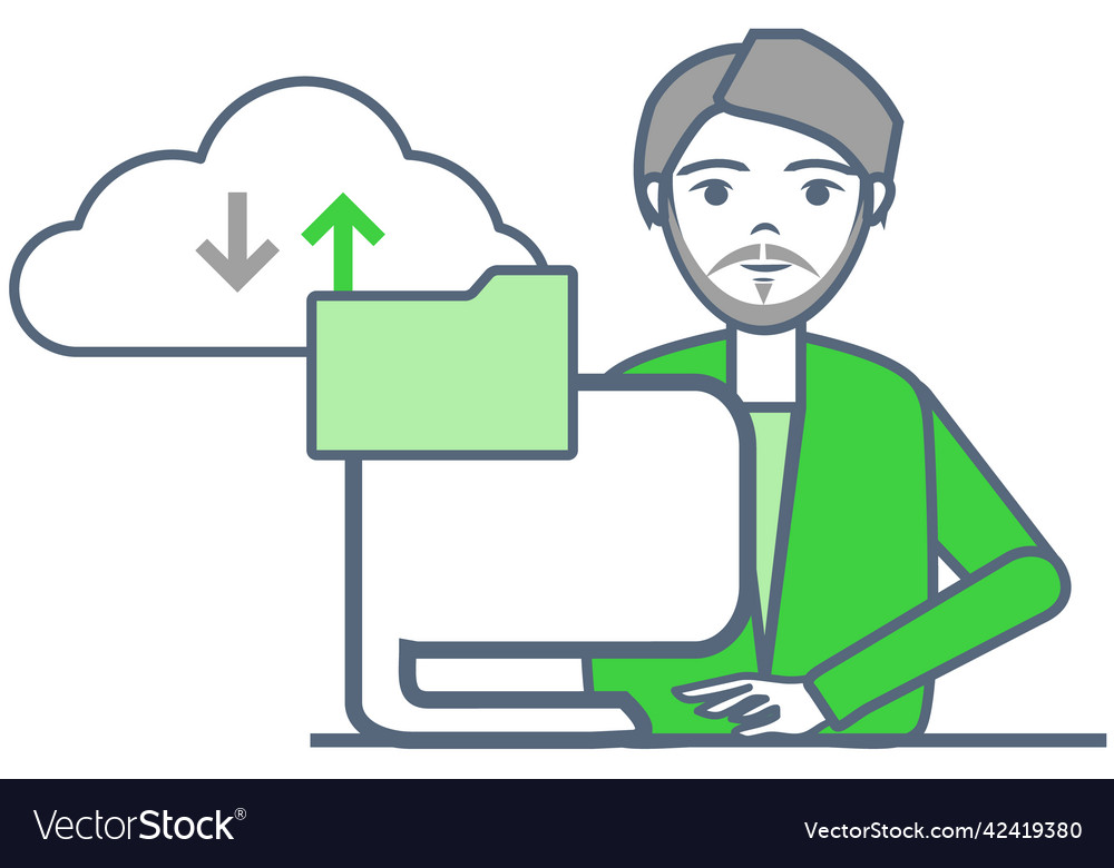 Man works with virtual cloud storage via internet