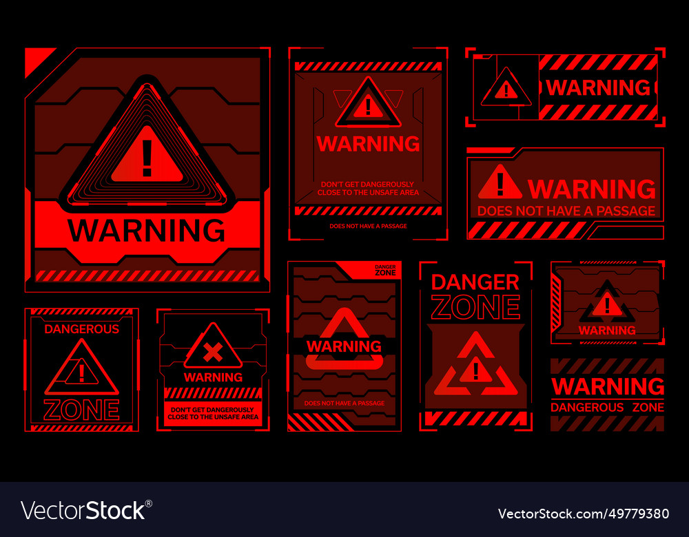 Red hud warning danger and alert attention frames vector image Red hud warning danger and alert attention frames