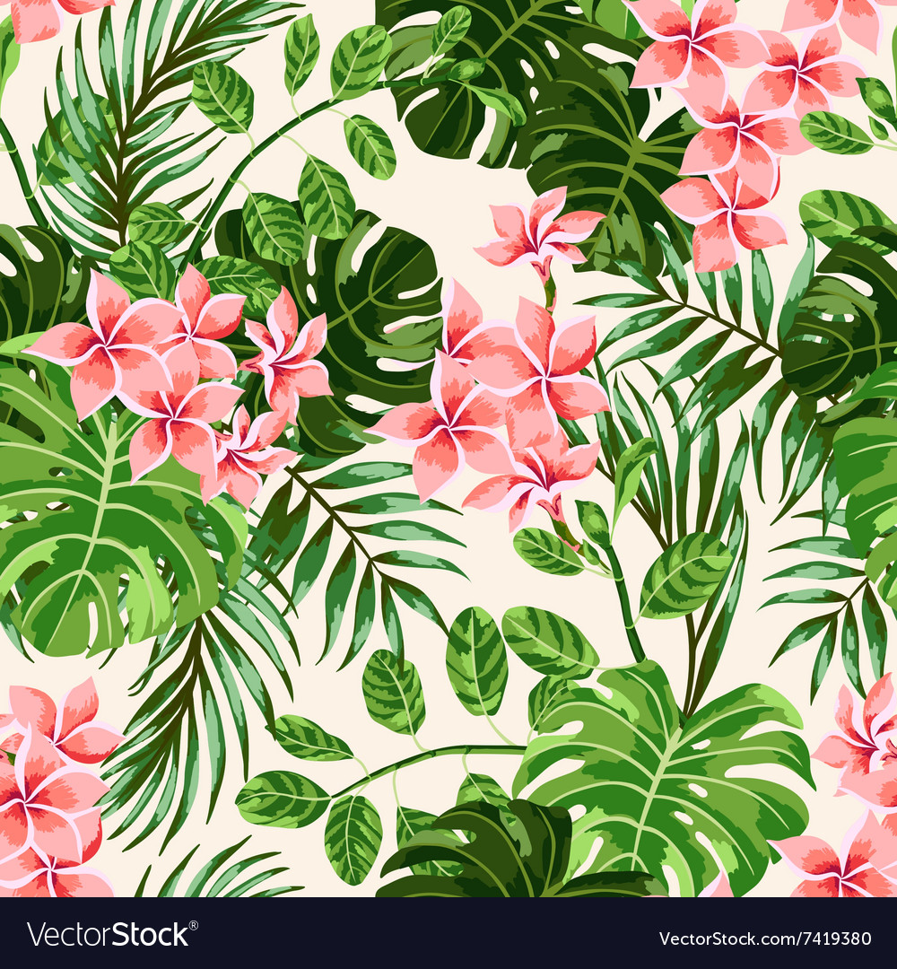 seamless exotic pattern with tropical leaves and f