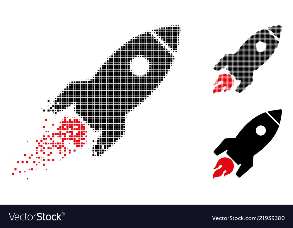 Shredded pixel halftone rocket launch icon