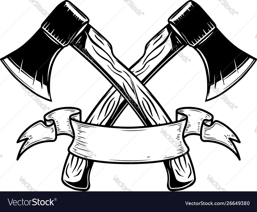 Two crossed hatchets with ribbon design element Vector Image