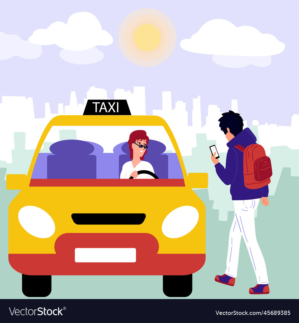 Girl taxi driver in the city guy is looking Vector Image