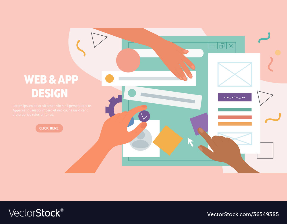 Hands working on a web page and app design vector image Hands working on a web page and app design