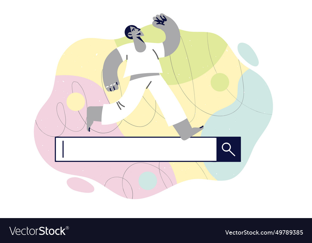 Man uses internet search technologies and runs vector image Man uses internet search technologies and runs