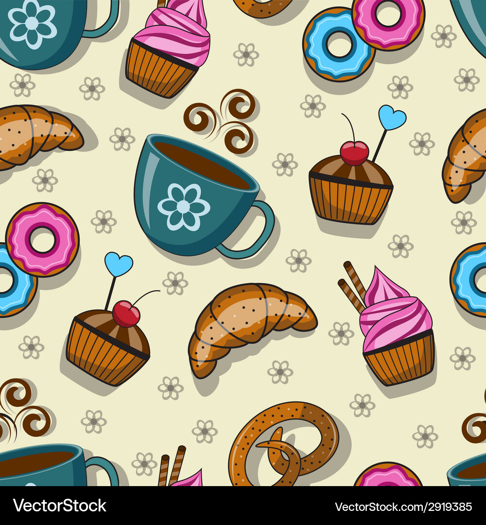 Seamless pattern with cups and sweets Royalty Free Vector