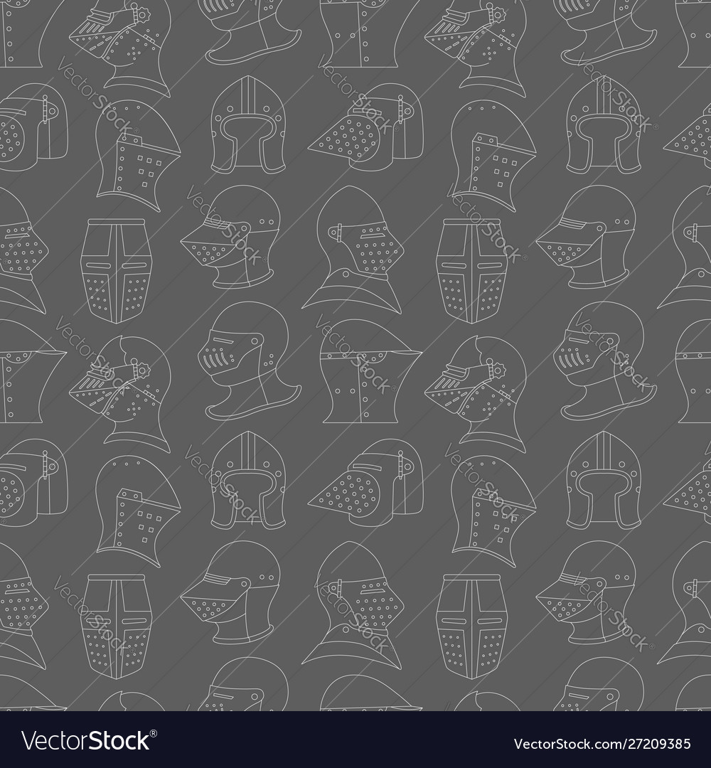 Seamless pattern with medieval helmets on a gray