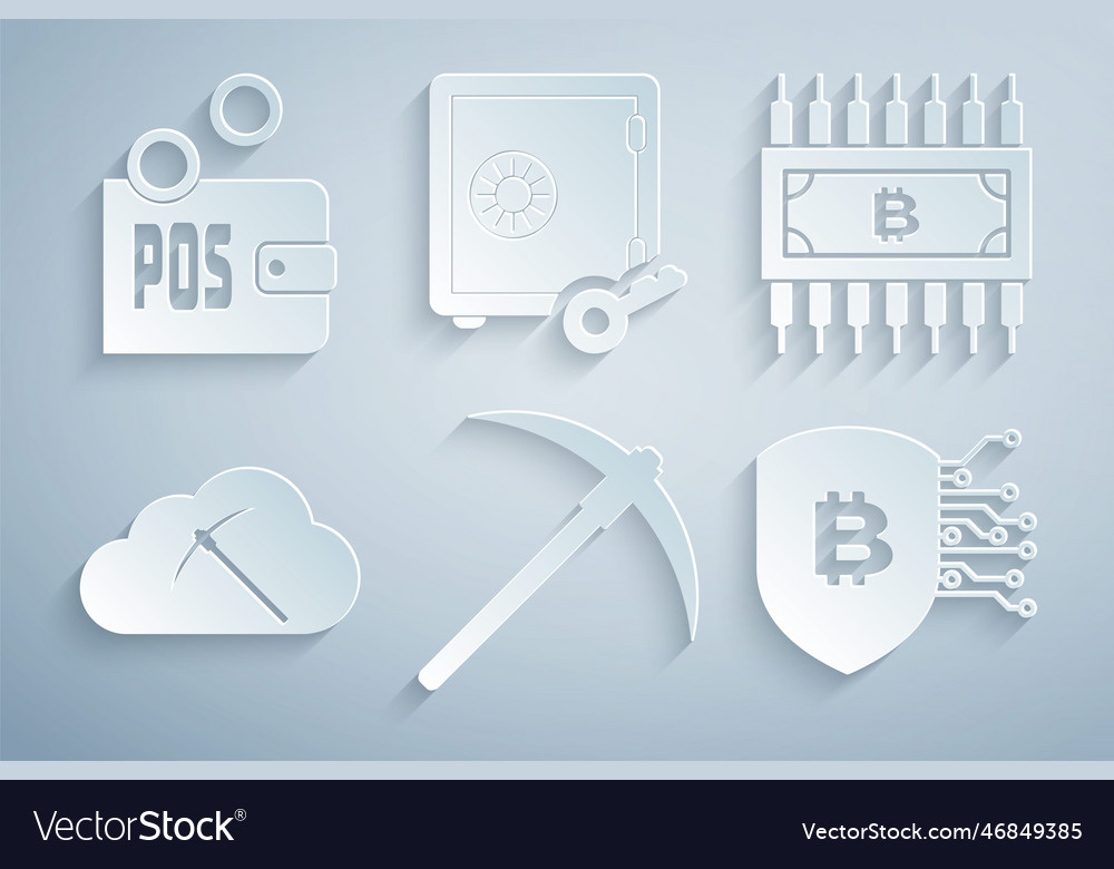 Set pickaxe cryptocurrency bitcoin with circuit vector image Set pickaxe cryptocurrency bitcoin with circuit