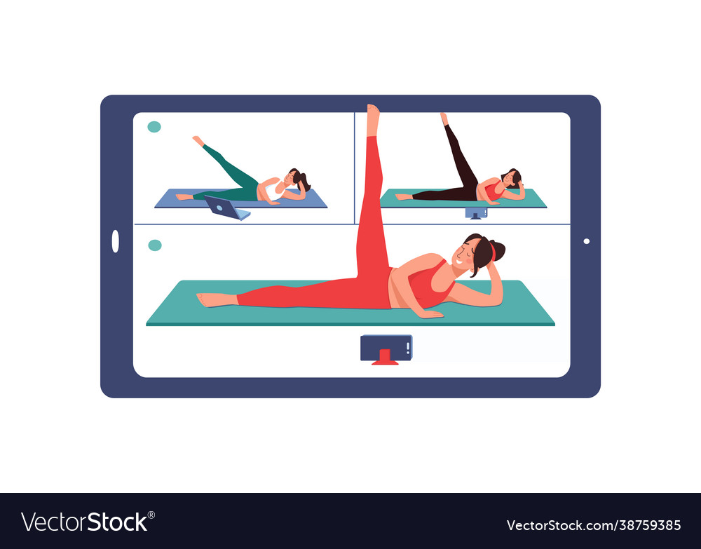 Tablet with workout online girls stretch out vector image Tablet with workout online girls stretch out