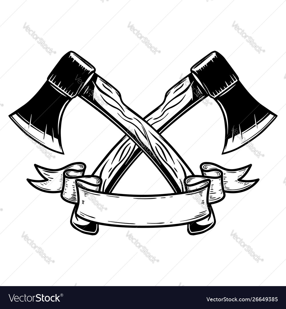 Two crossed hatchets with ribbon design element Vector Image