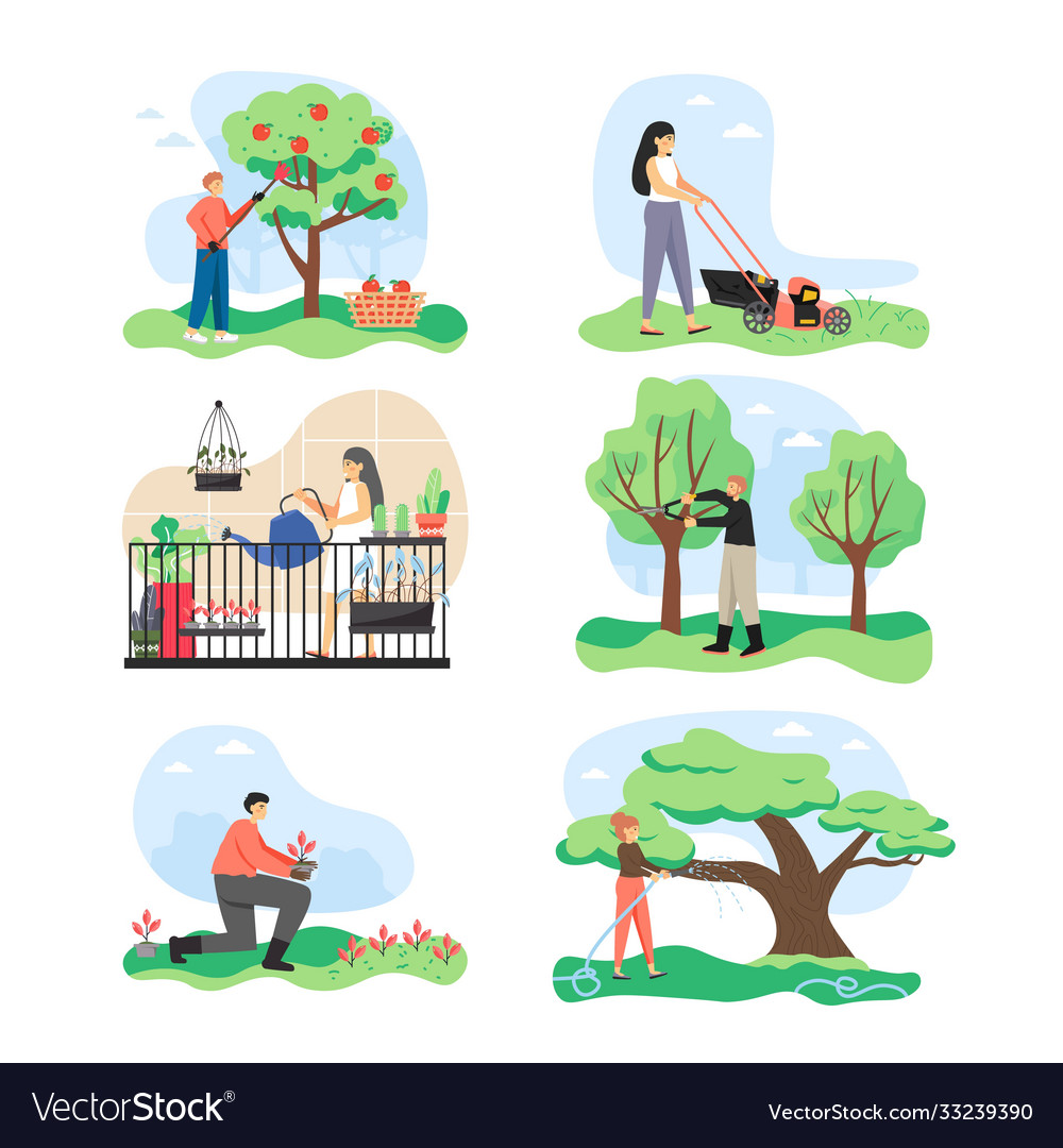 Gardeners Working In Garden Cartoon Character Set Vector Image