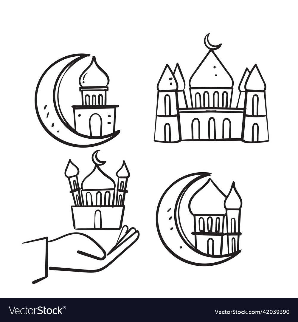 Hand drawn doodle mosque and crescent symbol vector image Hand drawn doodle mosque and crescent symbol