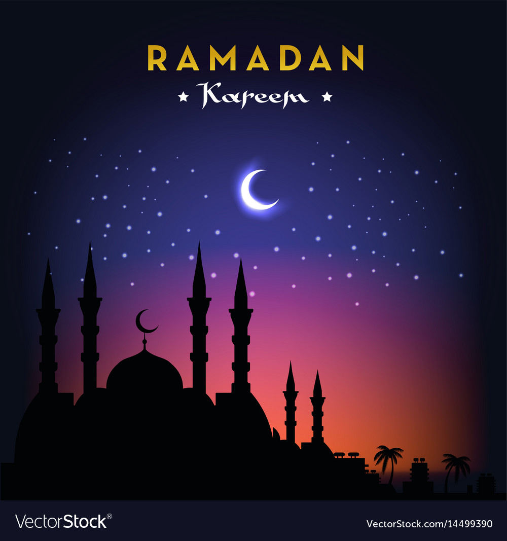 Ramadan kareem greeting card with mosque and night