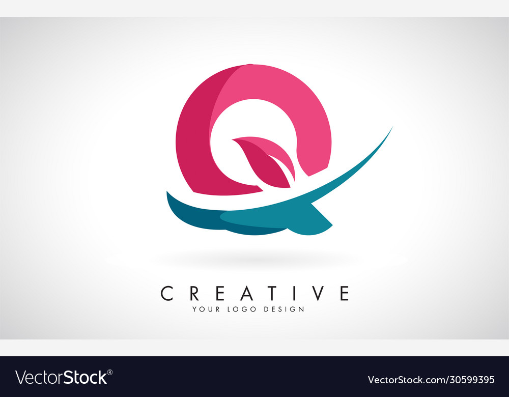 Blue and red letter q with leaf creative