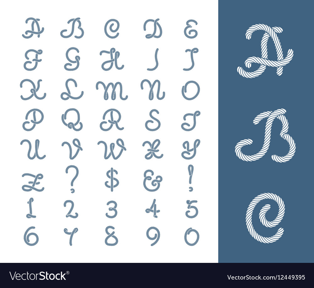 Nautical rope letters thread font with ropes frame