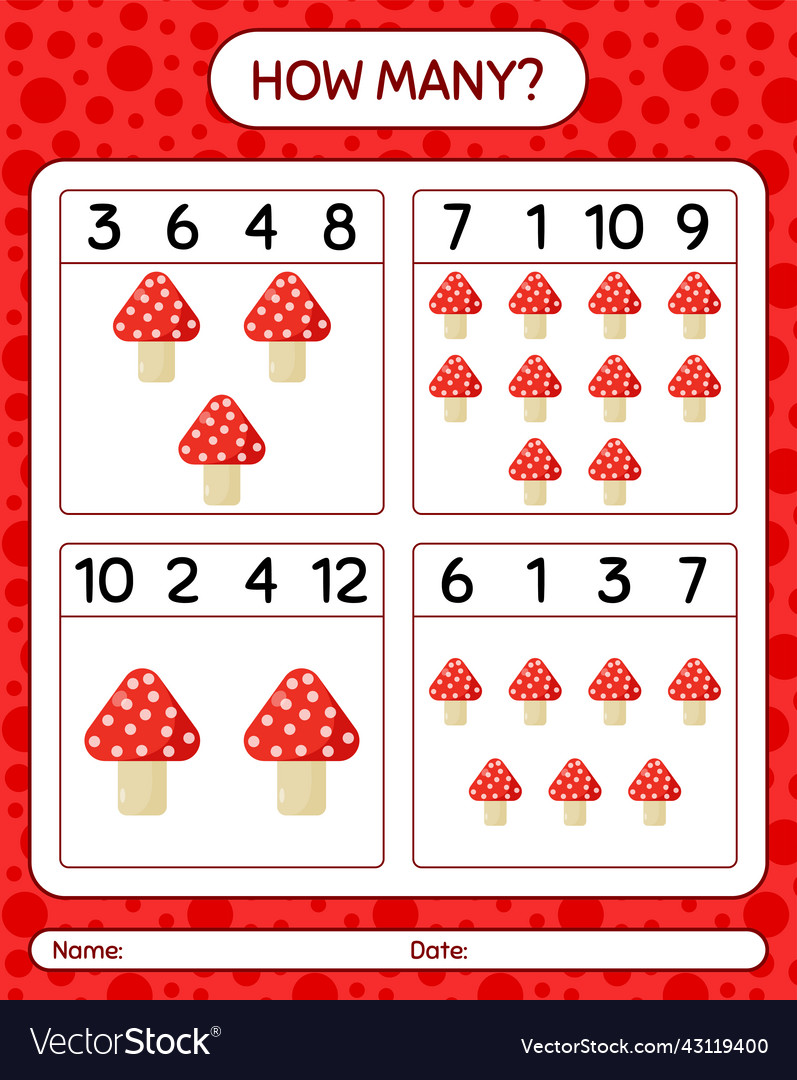 How many counting game with mushroom worksheet Vector Image How many counting game with mushroom worksheet