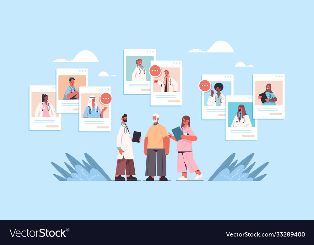 Mix race doctors in web browser windows consulting vector image Mix race doctors in web browser windows consulting