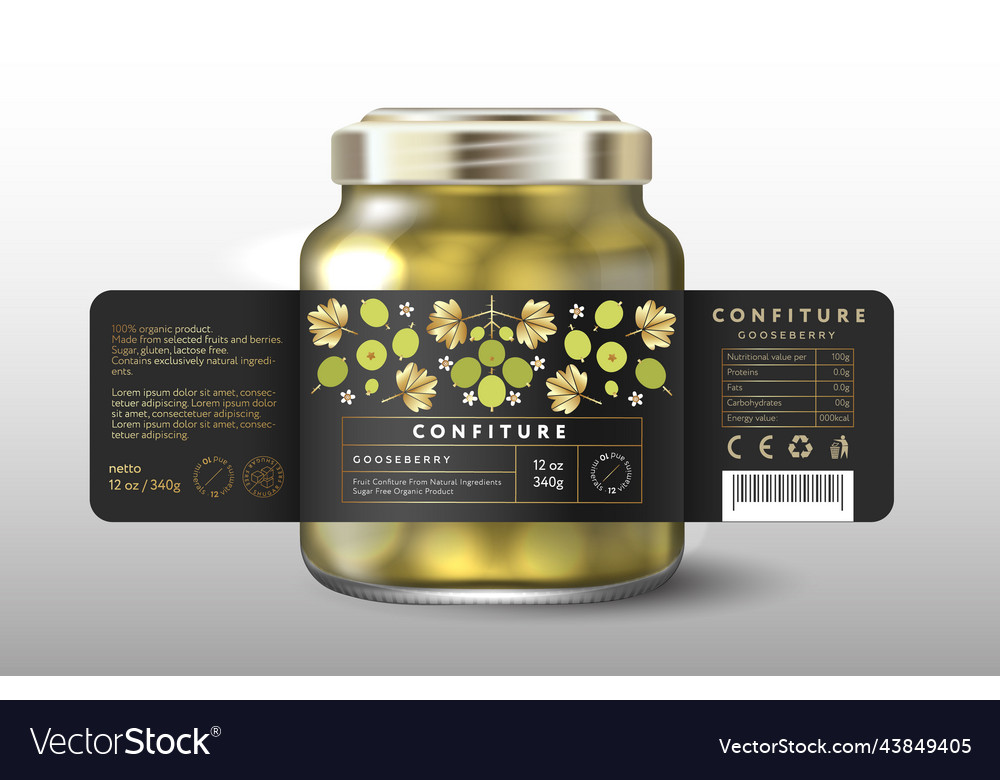 Gooseberry confiture mockup glass jar label Vector Image