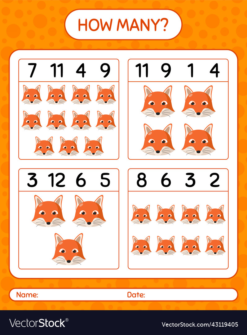How many counting game with red fox worksheet vector image How many counting game with red fox worksheet