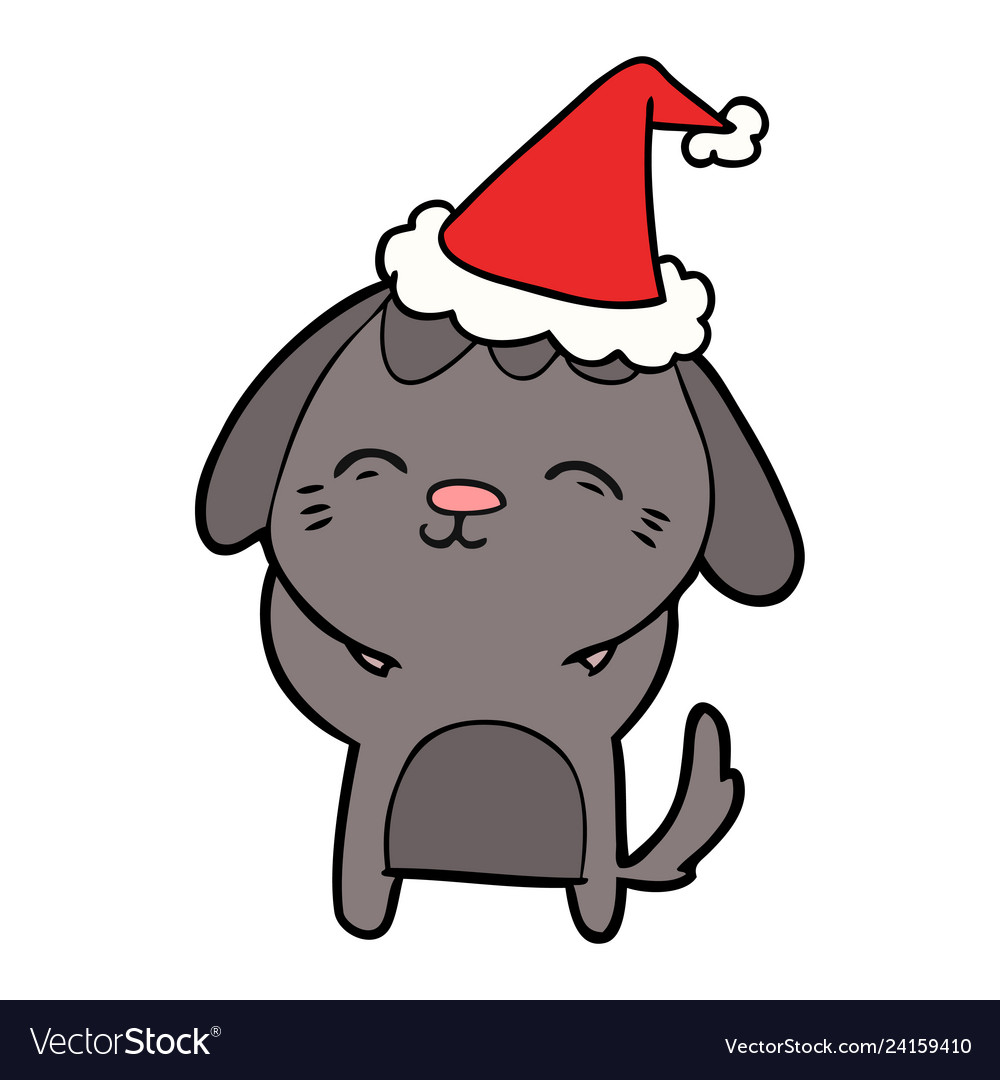 Happy line drawing of a dog wearing santa hat