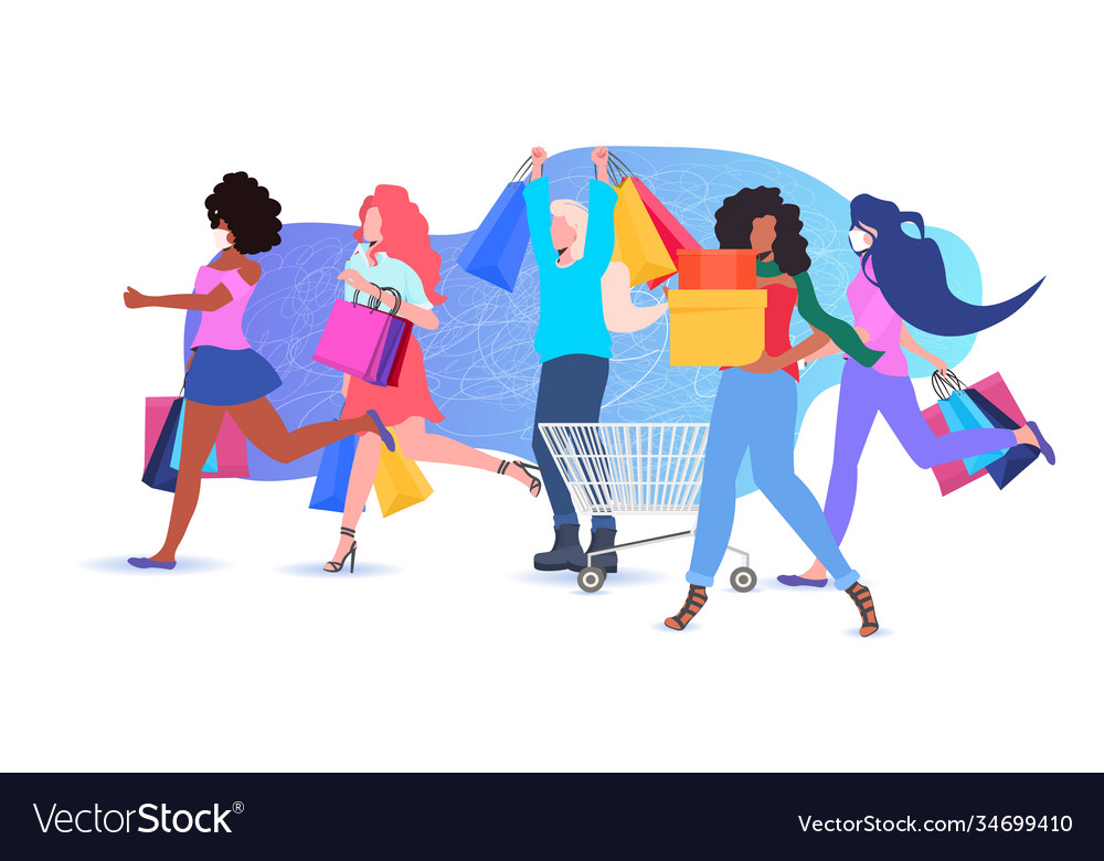 Mix race Frauen halten Einkaufstaschen schwarz friday vector image Mix race Frauen halten Einkaufstaschen schwarz friday