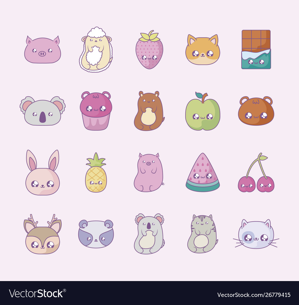 Cute set icons style kawaii Royalty Free Vector Image