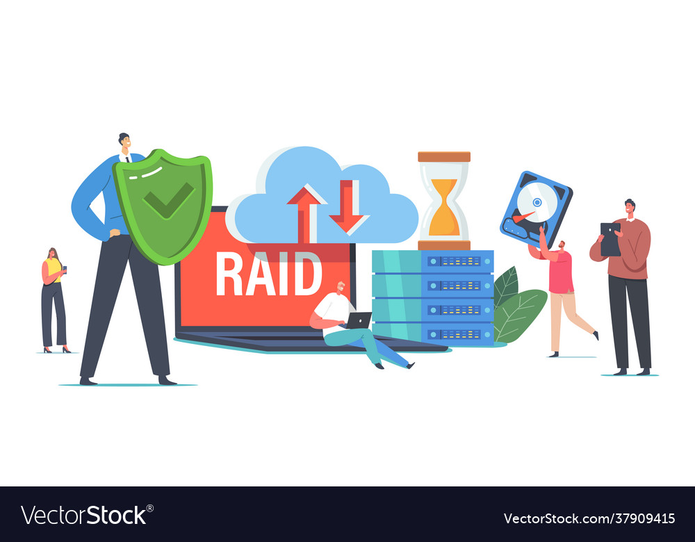 Data storage in datacenter personage with blocks vector image Data storage in datacenter personage with blocks