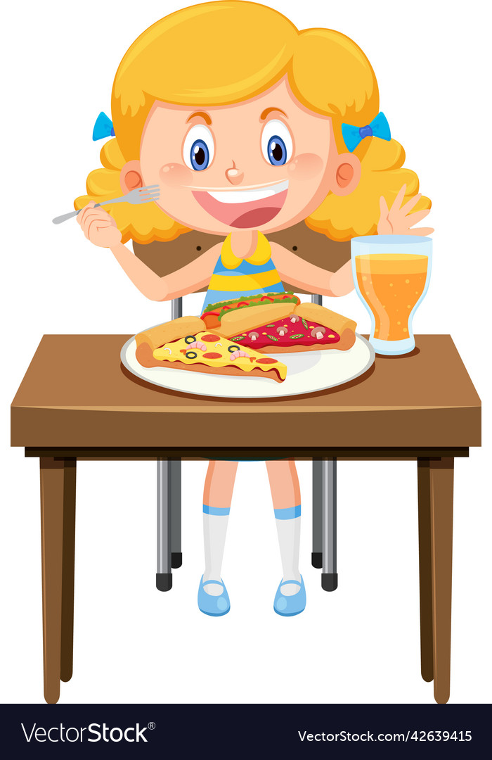 Happy Girl Enjoy Eating Food On Table Royalty Free Vector