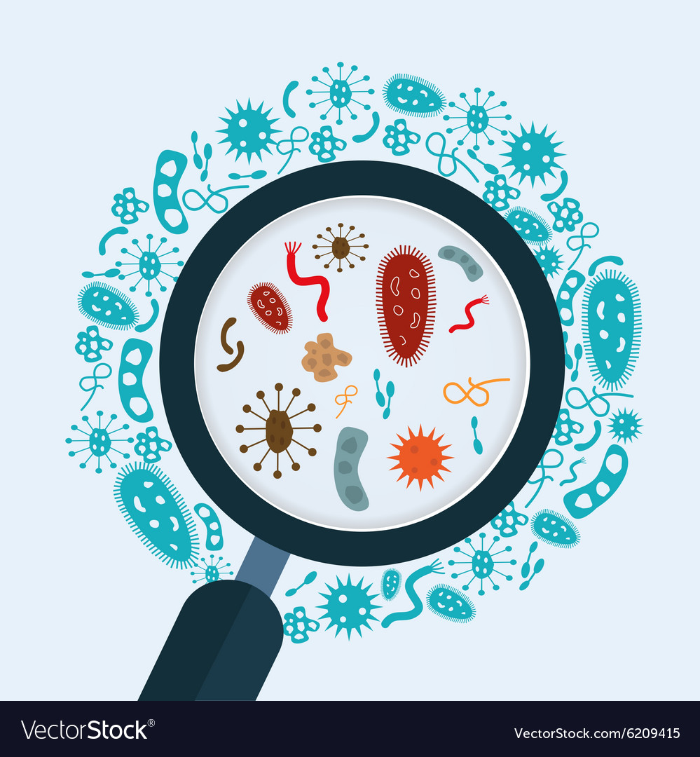 Magnifier glass with bacteria microbes and virus