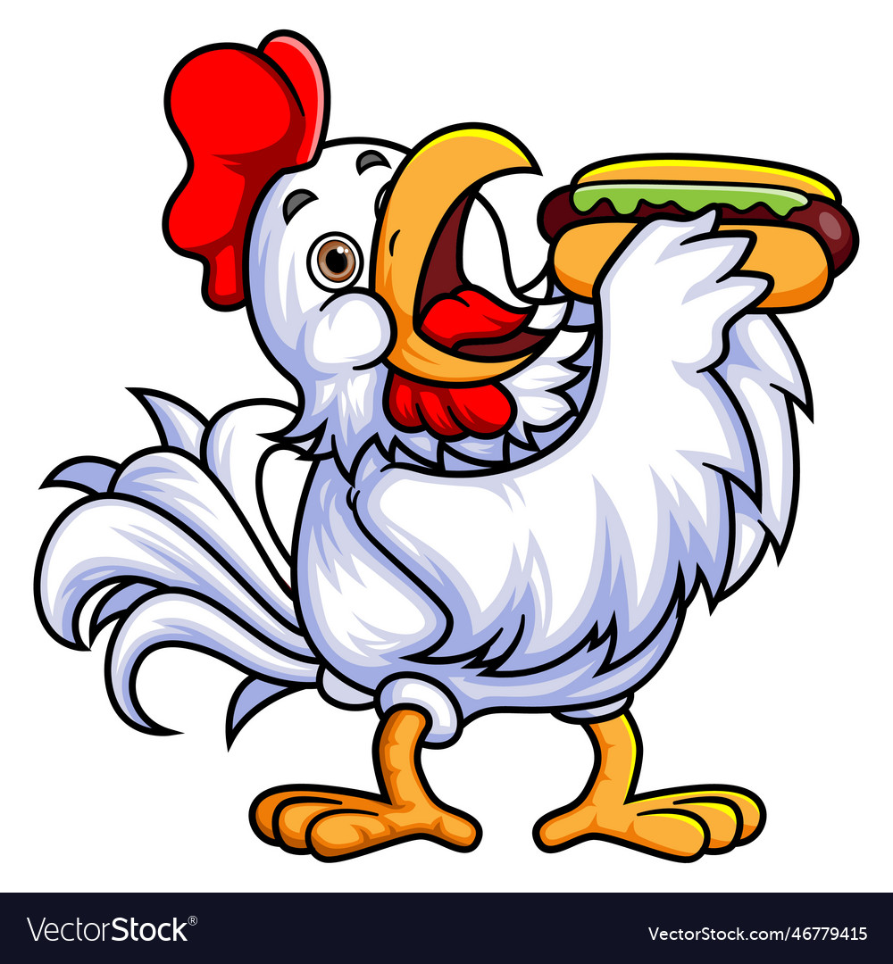 Rooster Eating a Huge Hotdog