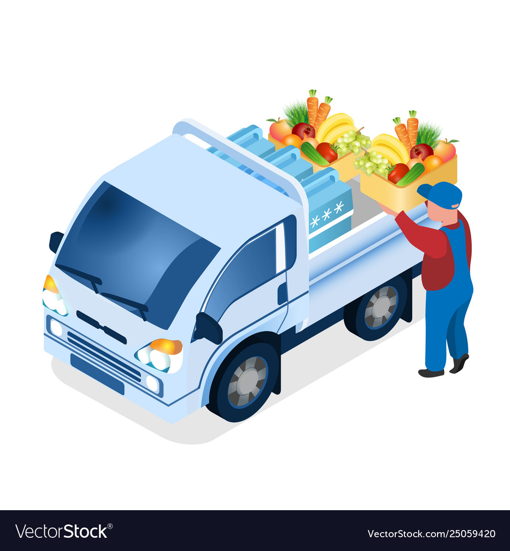 Delivery worker loading box isometric