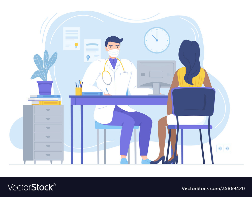 Doctor in mask consulting female patient Vector Image