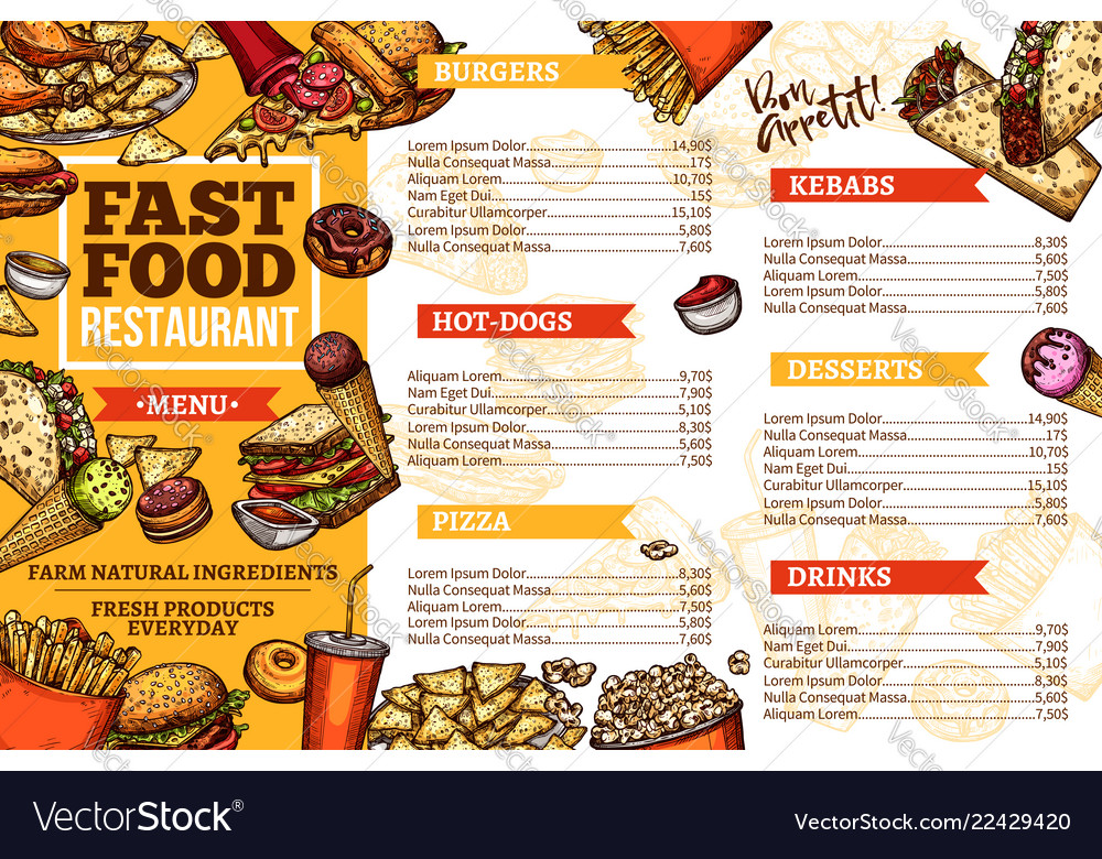 Fast food burgers hotdog and kebabs menu Vector Image