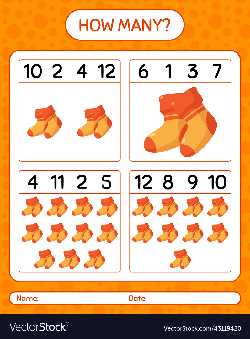 How many counting game with sock worksheet vector image How many counting game with sock worksheet