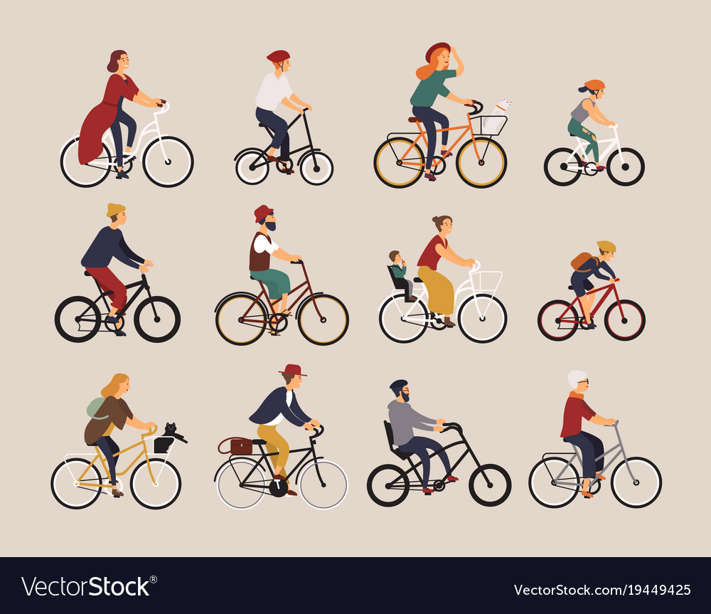 Collection People Riding Bicycles Various Vector Image