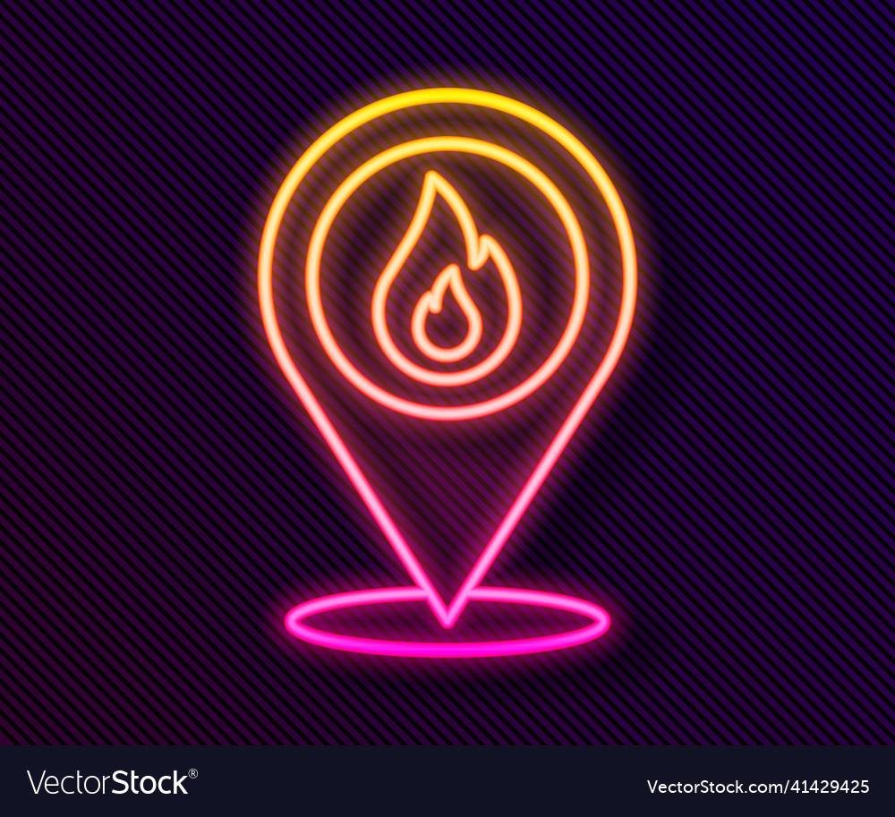 Glowing neon line map pointer with fire flame icon