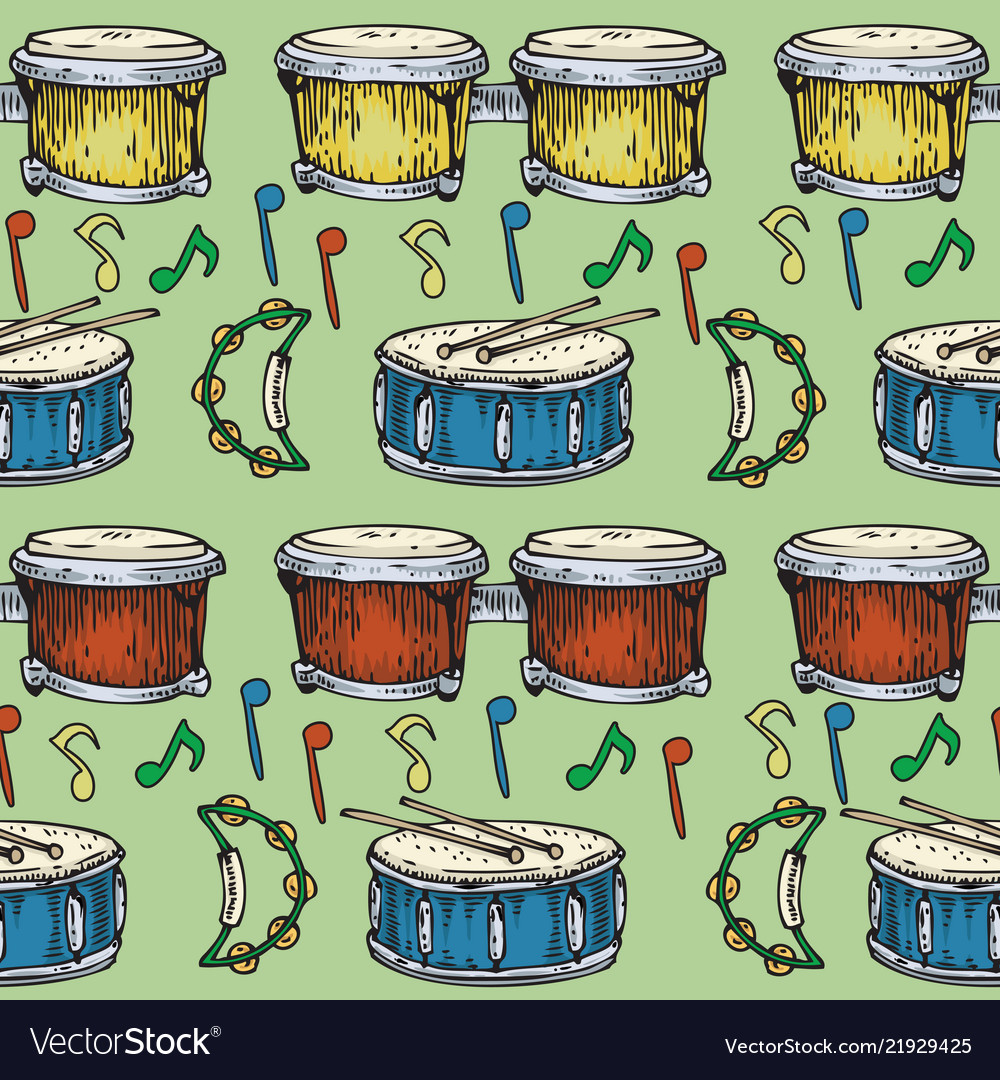 Seamless Pattern Drums Bongos And Tambourines Vector Image