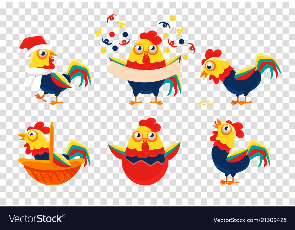 Set 6 bright-colored roosters symbol of Royalty Free Vector