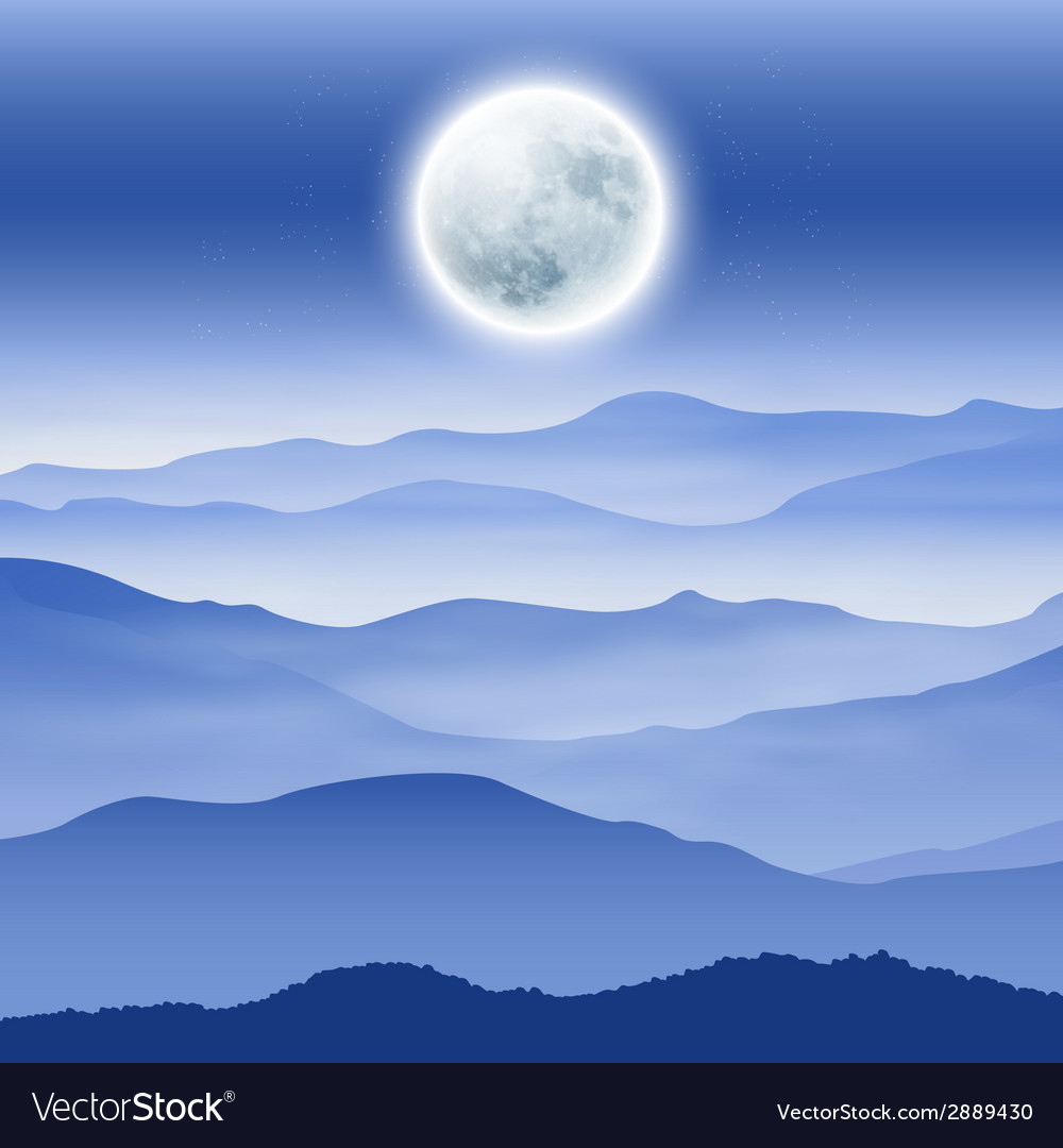 Background with fullmoon and mountains in the fog