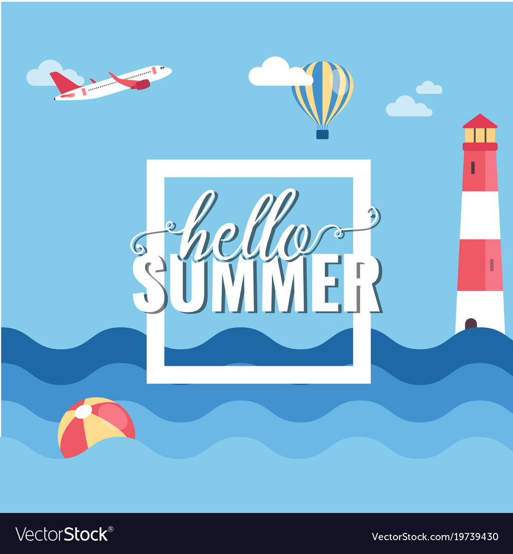 Hello Summer Square Plane Balloon Blue Sea Vector Image