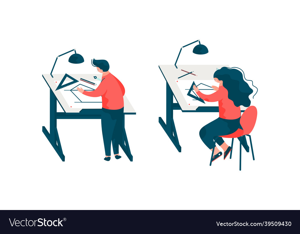 Man and woman architect at table designing project vector image Man and woman architect at table designing project