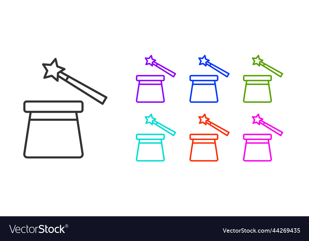 Black line magic hat and wand icon isolated