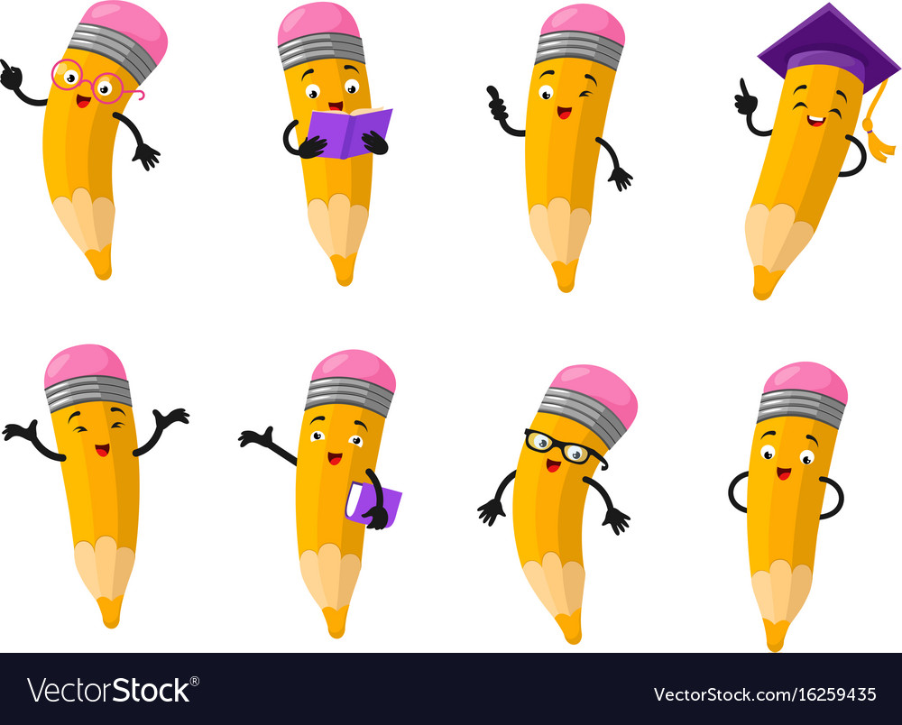 Cartoon clever pencil character set Royalty Free Vector