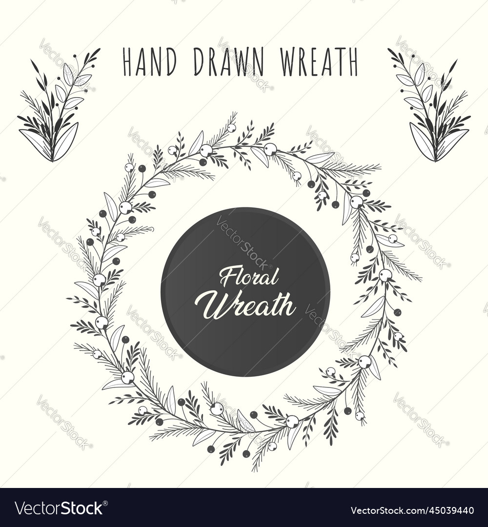 Hand drawn floral wreath and laurel frame circle