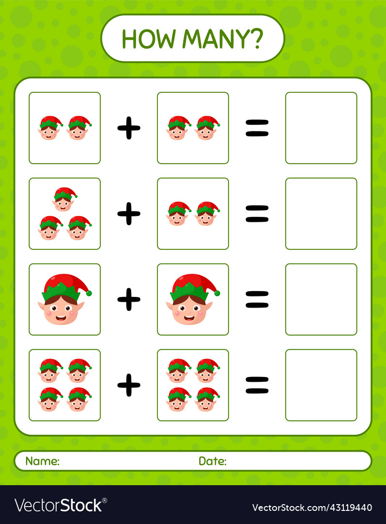 How many counting game with elf worksheet Vector Image How many counting game with elf worksheet