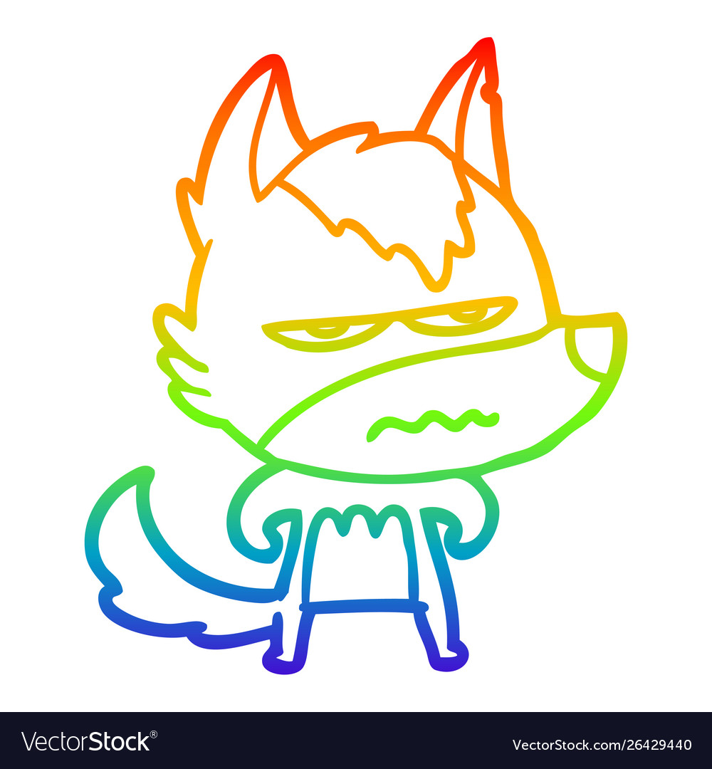 Rainbow gradient line drawing cartoon annoyed wolf