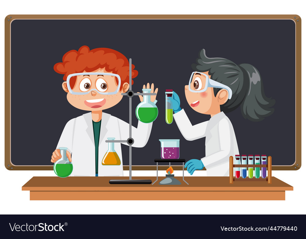 Scientist kids doing chemical experiment Vector Image