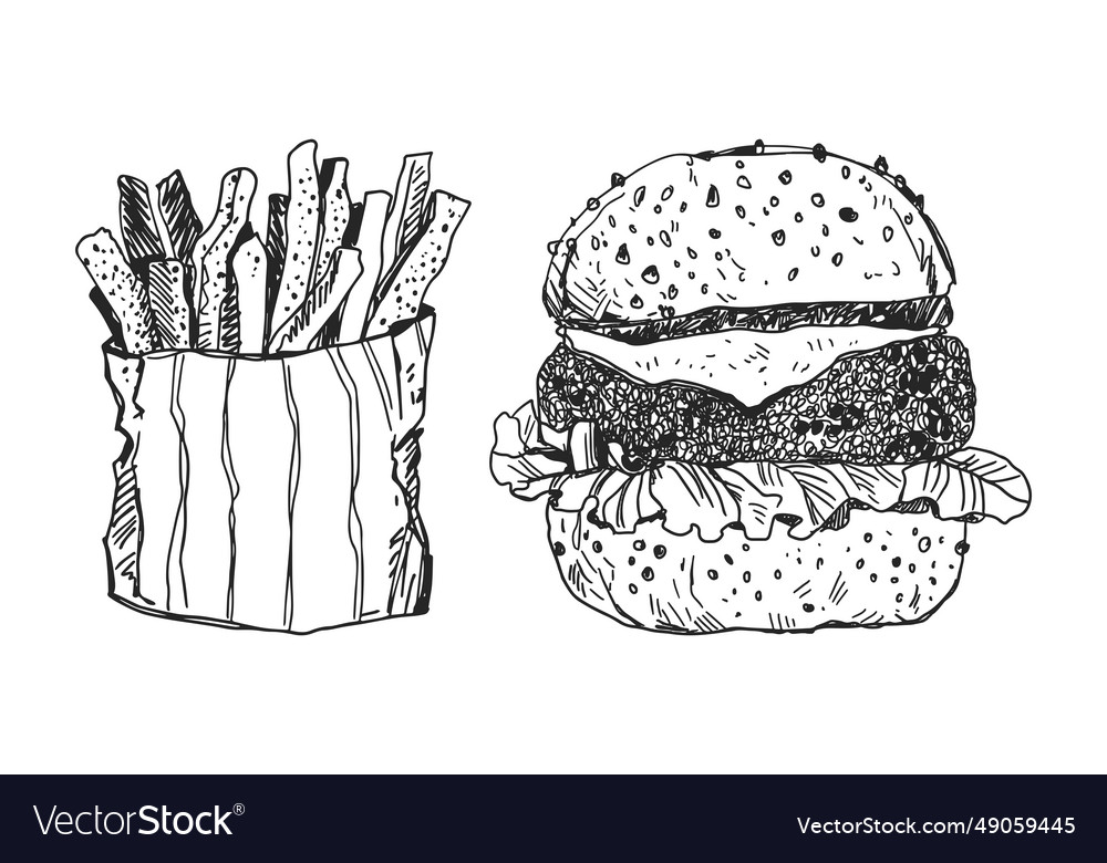 Burger and fries hand drawn