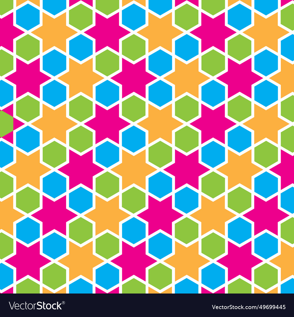 Repeating colorful star and hexagon pattern